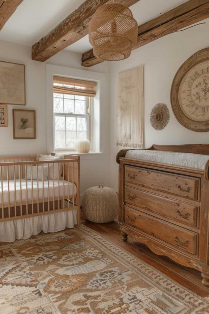 Rustic wooden chest of drawers in a boho children's room ambience