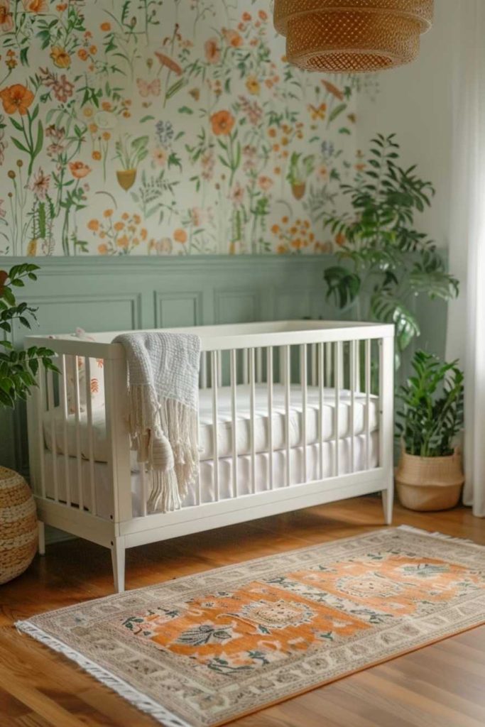 Botanical prints add a touch of nature's whimsical essence to the bohemian aesthetic of the nursery.