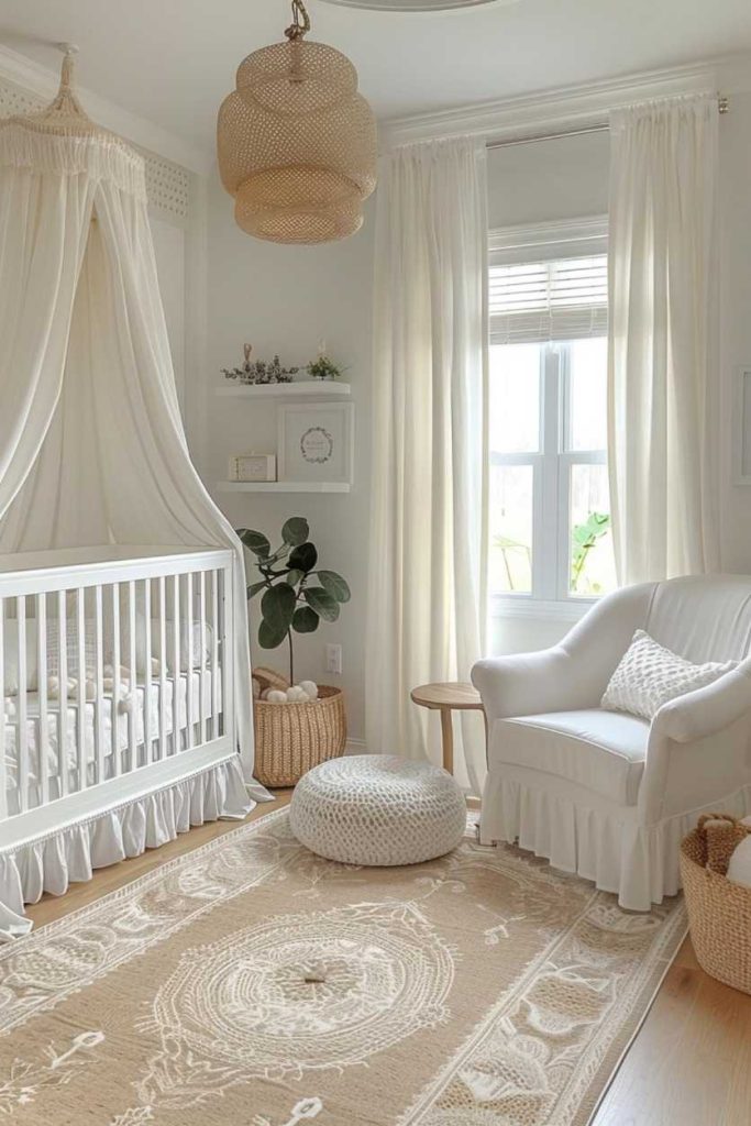 Airy white curtains give the room a light and airy bohemian feel and create a dreamy atmosphere.