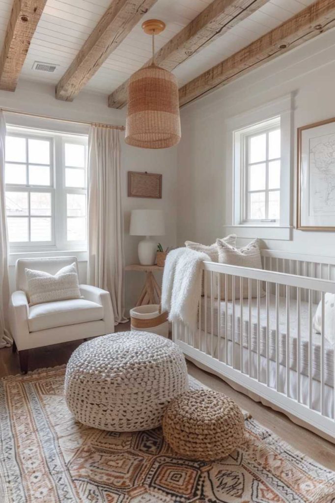 This bohemian-style nursery idea features a cozy corner adorned with a sumptuous stool and a series of layered rugs, showcasing a luxurious mix of textures and colors.