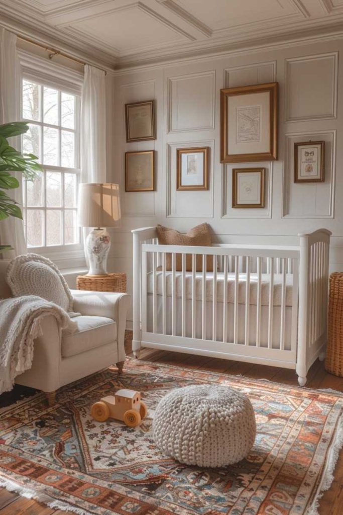 The presence of antique brass frames and treasured heirloom toys seamlessly blends the past with the present in this modern boho nursery.