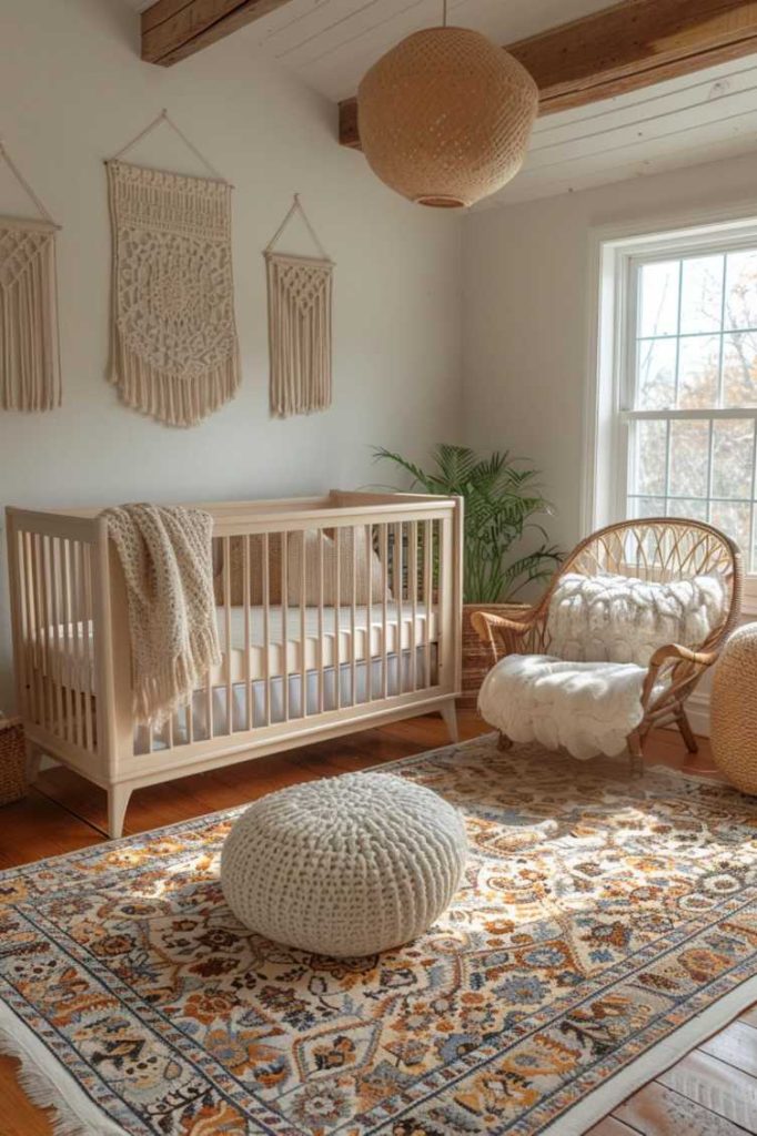 The introduction of crochet and knit elements gives this boho nursery idea for girls a personalized warmth and adds a touch of handmade elegance to the room.