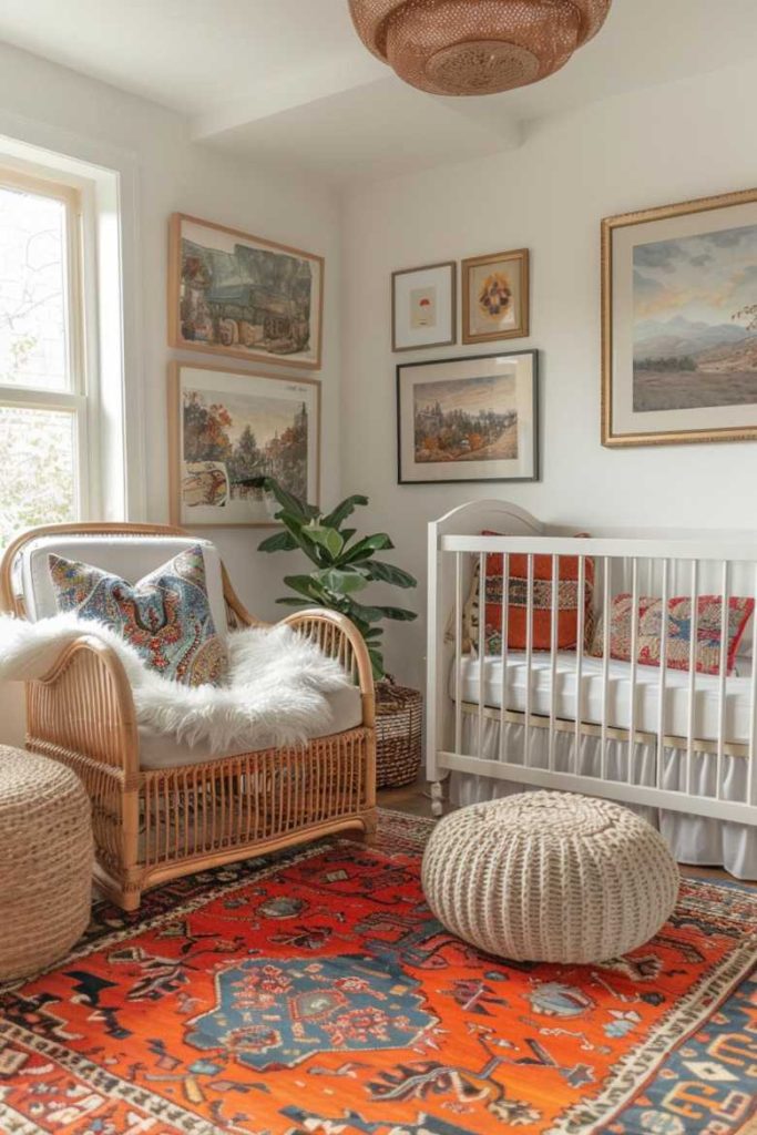 A mix of patterned cushions and a faux fur throw add an eclectic feel to a boho-chic rattan chair, offering mother and child a tranquil place to relax and bond.