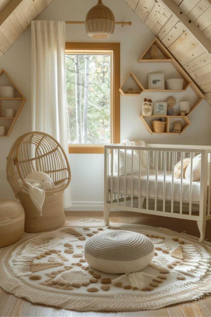 Geometric shelves in bright, neutral colors provide stylish organization options for a beautiful girls' boho nursery.