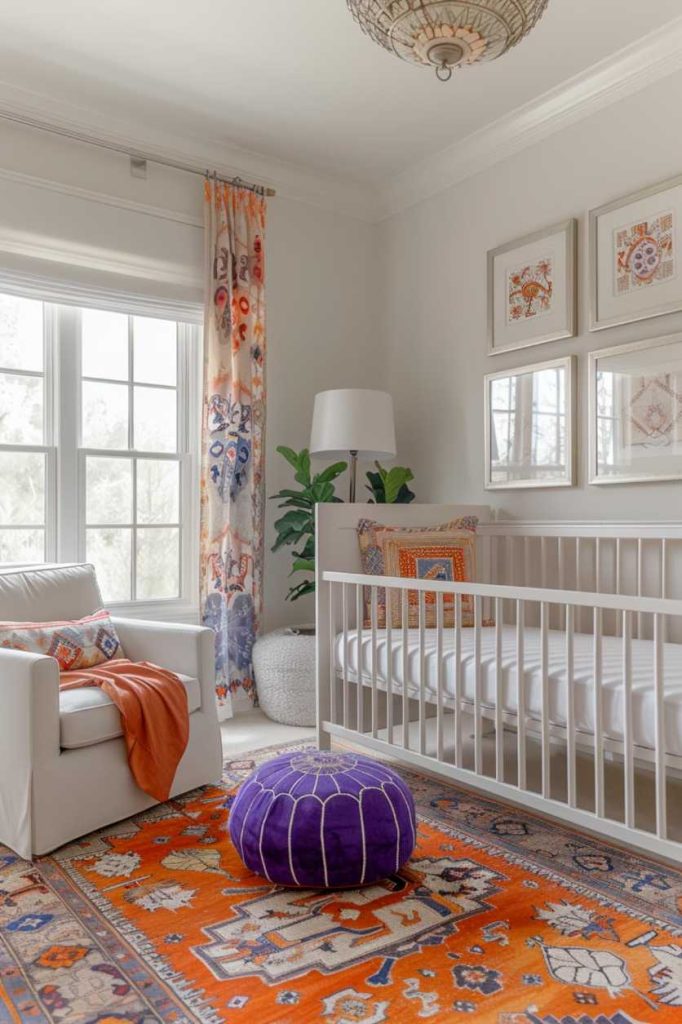 Taking center stage is a vibrant tribal rug that adds a touch of color and intriguing pattern to the boho nursery theme, grounding the space with its bold presence.