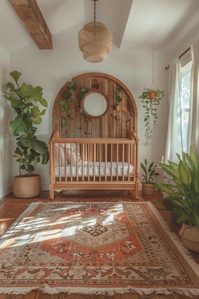 A whimsical wooden arch mirrors the shape of the crib and adds architectural interest to a boho-style nursery with soft textiles and muted colors.