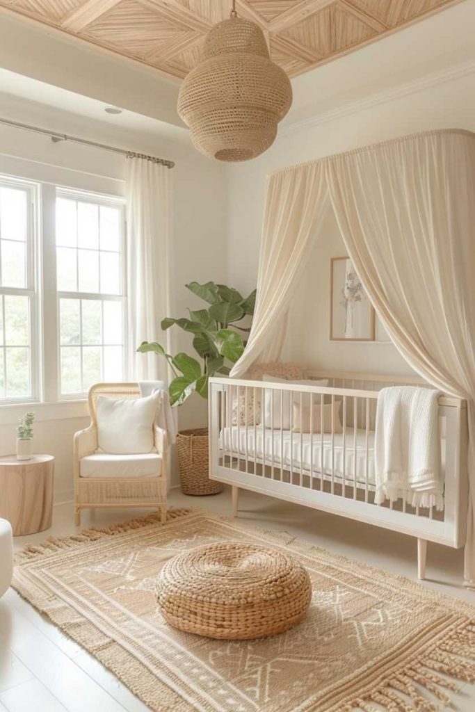 A delicately draped ivory cot canopy creates a calm and captivating focal point in a neutral boho nursery, exuding a touch of chic sophistication.