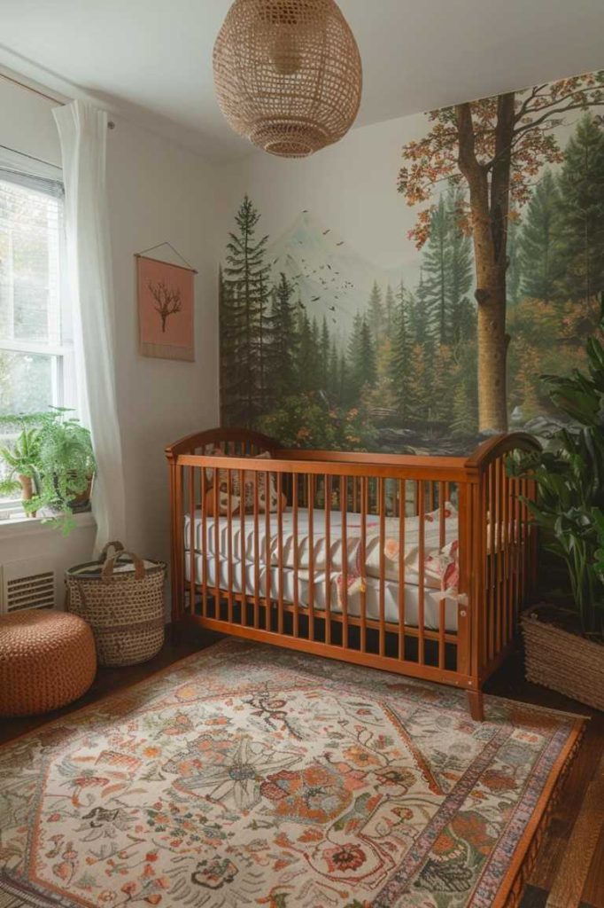 The comprehensive nature-inspired wallpaper creates a calm and haunting boho nursery scene, evoking a sense of peaceful calm throughout the room.