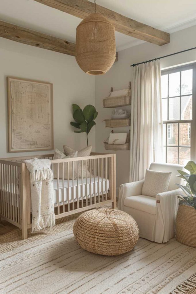 A calming and understated boho nursery environment is brought to life through a carefully curated muted color palette, enveloping the space in a sense of calm and serenity.