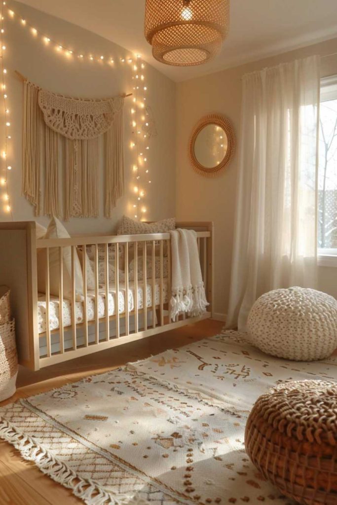 The ethereal glow of the fairy lights adorning the cot adds a touch of magic to the boho-chic nursery decoration and creates an enchanting atmosphere.