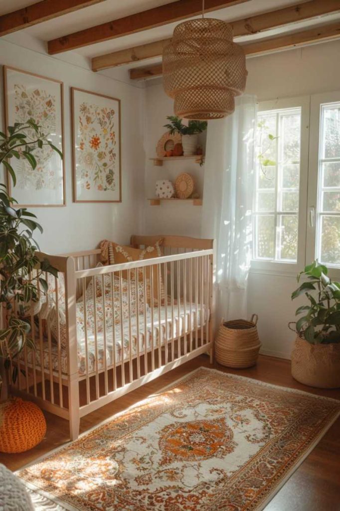 The gentle twist of a pompom mobile adds a delightful natural element to this boho-style nursery, stimulating young imaginations with its playful boho charm.