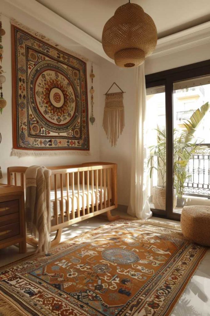 The presence of hand-woven tapestries and intricate beaded embellishments add a delightful artisanal charm to the bohemian nursery, adding a unique and personal touch to the room.