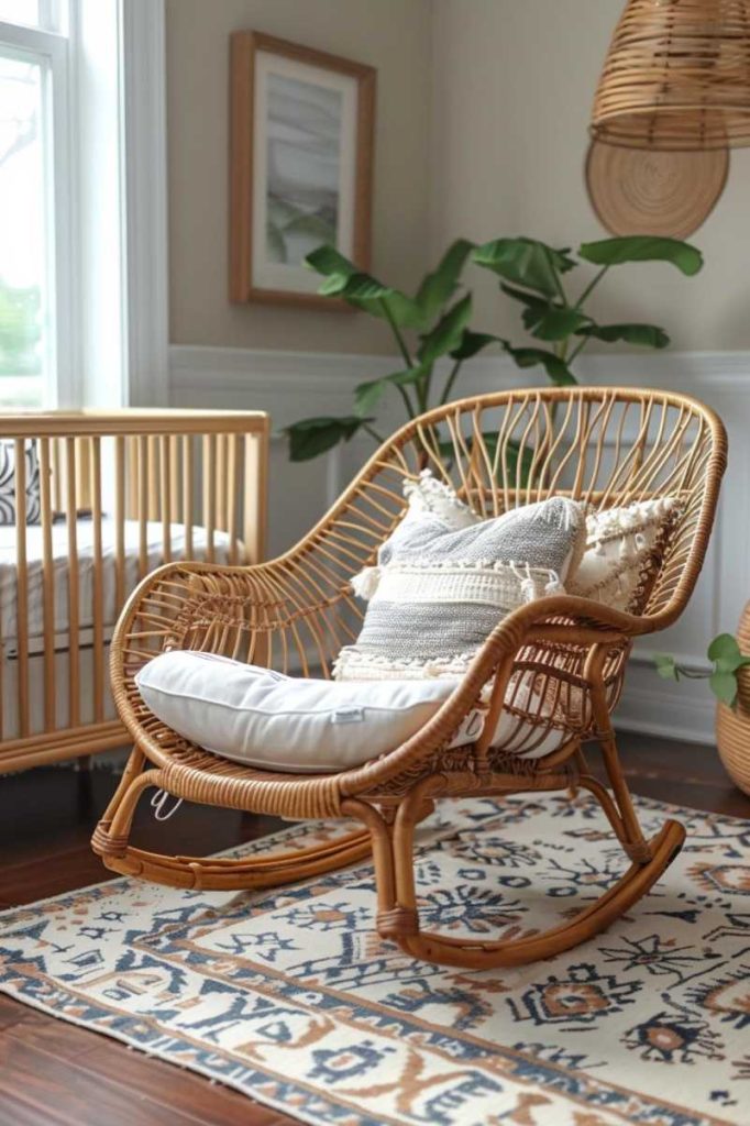 The presence of a rattan rocking chair provides a timeless and comfortable seat for rocking and storytelling in the boho nursery and provides a calm retreat in the room.