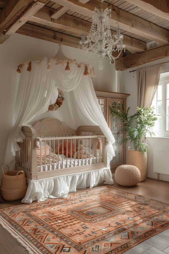 Incorporating ruffles and tassel accents add adorable and playful charm to the bohemian style baby room, adding a whimsical and carefree touch to the room.