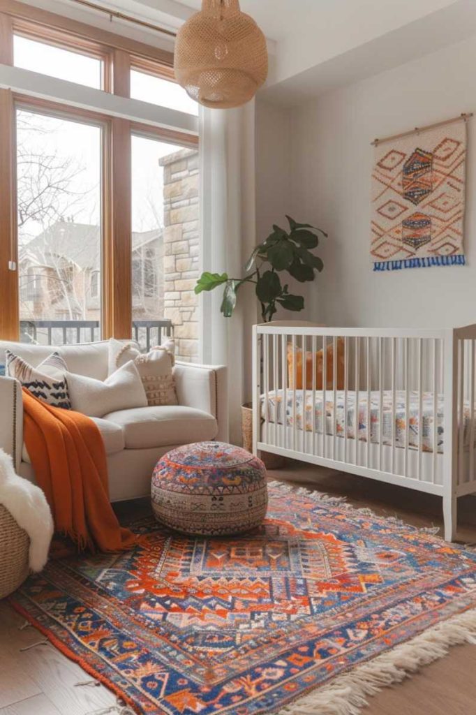 Layered, colorful rugs with fascinating Aztec patterns add a touch of vibrancy and warmth to the modern boho nursery. 