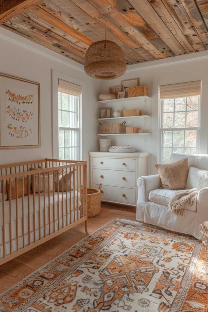 Peekaboo shelves showcase adorable handcrafted boho decor in a cozy nursery corner, adding a sense of creativity and artisanal charm to the room, creating a captivating and visually appealing area.