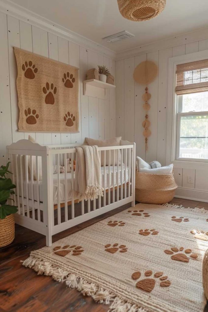 Playful animal print accents are artfully scattered throughout the boho-style nursery, adding whimsy and imagination to the space.