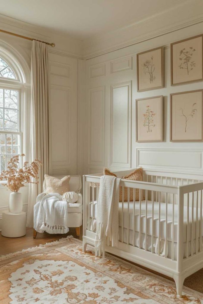 The use of a creamy color scheme creates a timeless and elegant vibe in this neutral boho nursery. The result exudes a feeling of understated elegance and calm.