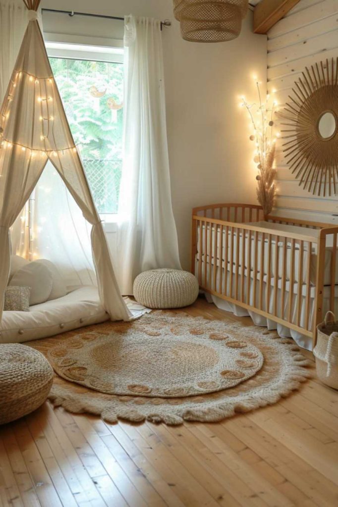 A tent-shaped play area with fairy lights throughout provides an exciting and magical retreat in the child's room. The corner offers little ones a whimsical and imaginative space to explore and play.