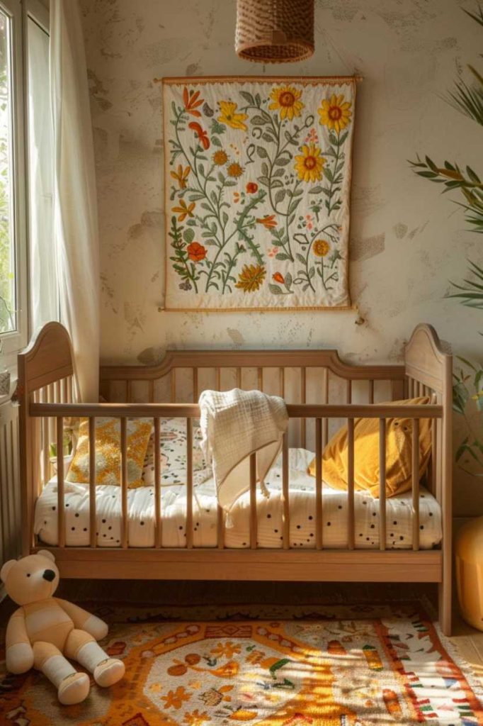 Adding embroidered decorative pieces adds a personal and enchanting touch to the boho nursery and adds an individual and warm element to the room.