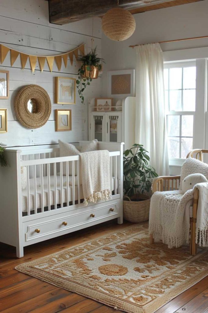 The golden pennants hanging elegantly overhead celebrate the free-spirited bohemian essence in the boho nursery and add a touch of <a href=