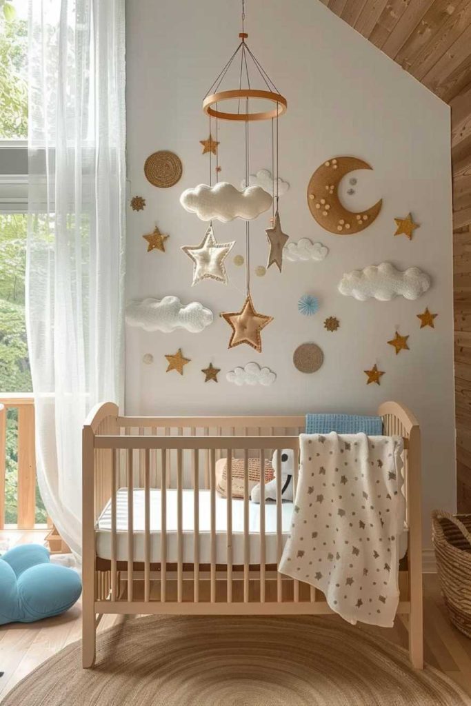 A celestial mobile with felt stars and clouds swirls above, attracting baby's attention with a boho-chic touch.