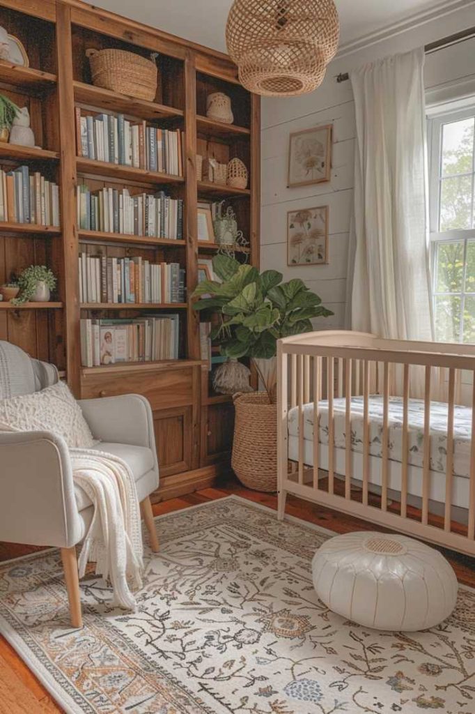 A stunning distressed bookshelf is a beautiful addition to your baby's room and houses a treasure trove of picture books in this boho-chic nursery.