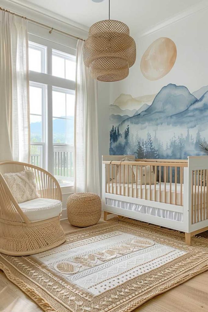 Opt for a mural featuring softly colored mountains, creating a majestic and serene backdrop for boho nursery dreams.