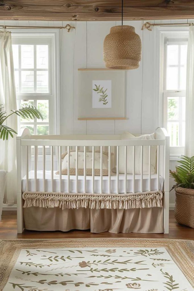 A hand-tied macrame crib skirt is a charming addition to a boho nursery decor ensemble and makes the crib look unique and pretty.