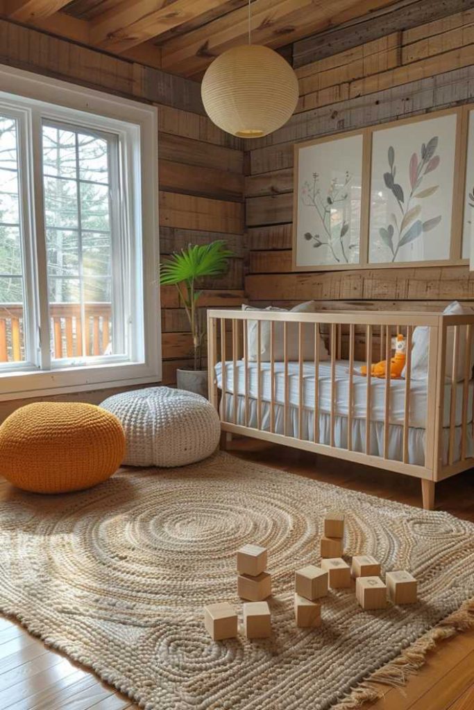 Minimalist boho chic takes center stage in the bohemian-style nursery with the inclusion of simple wooden toys and clean lines