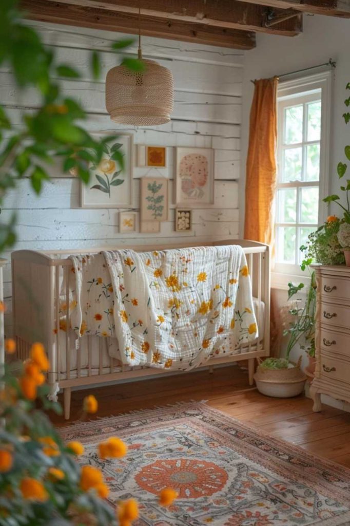 Cherished heirloom blankets are draped over the crib, adding rich family history to a modern boho nursery.