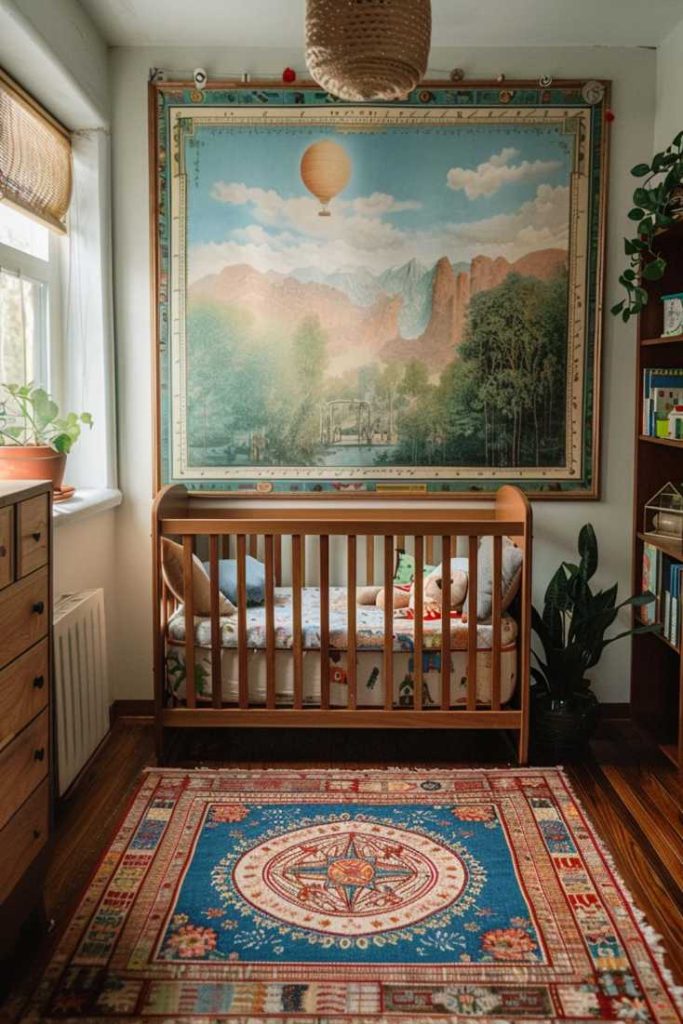 Globetrotting details like a world map and a range of eclectic jewelry serve as a source of inspiration for adventures in the boho-style nursery.