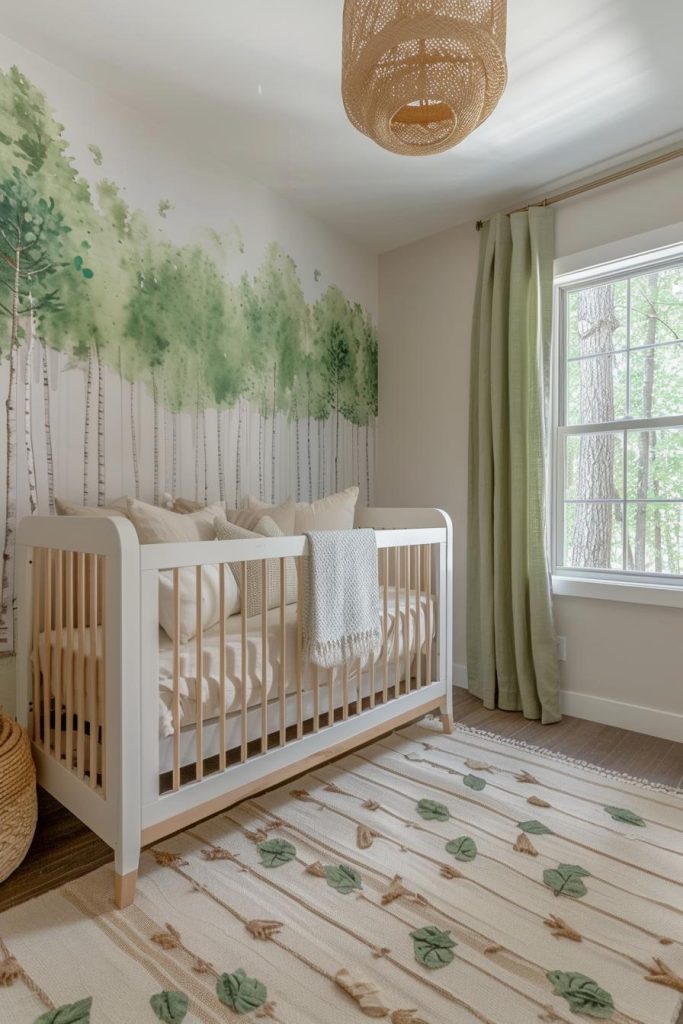 Tall tree stickers hang on the walls, bringing an enchanted forest into the house. Soft green and brown textiles are reminiscent of a forest-style sleeping place for the baby.