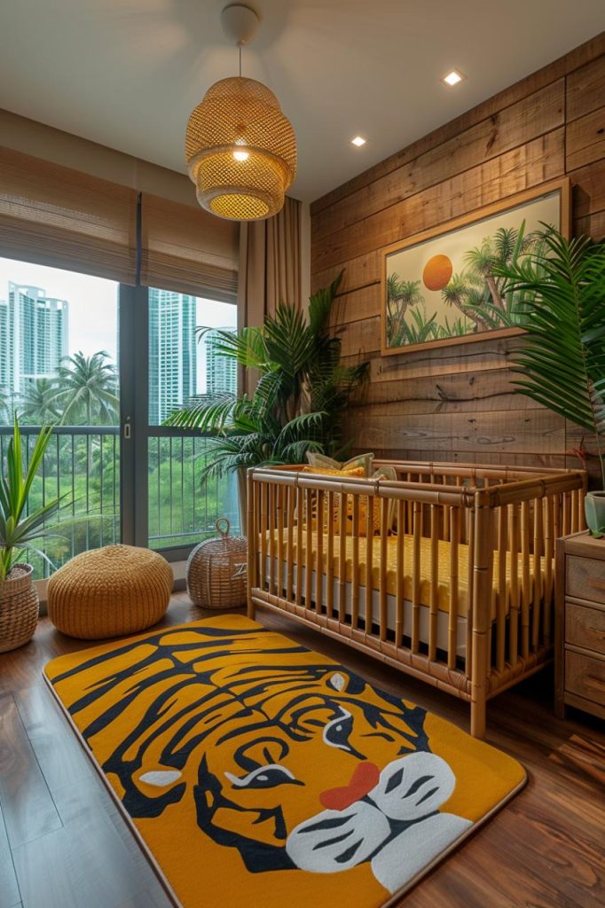 Animals are always a fun nursery theme for boys. In this room, a playful safari-themed area invites adventurous dreams with friendly animal illustrations and a color palette of soft greens and yellows.