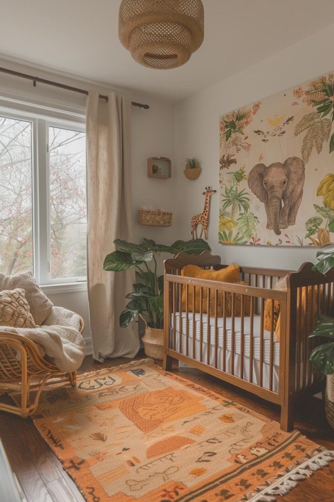 Wall art featuring different types of animals creates a lively atmosphere in this animal-themed nursery, paired with a plush toy rug.