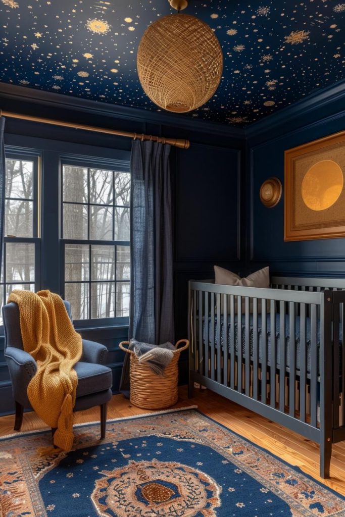 Do you love a starry sky baby room theme? In this room, a ceiling painted like a <a href=