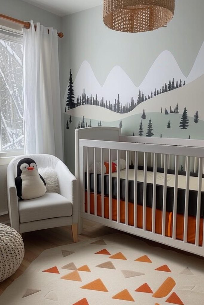 Cozy textures and an arctic landscape mural with penguin plushies create a cozy, cool retreat in a little boy's nursery.