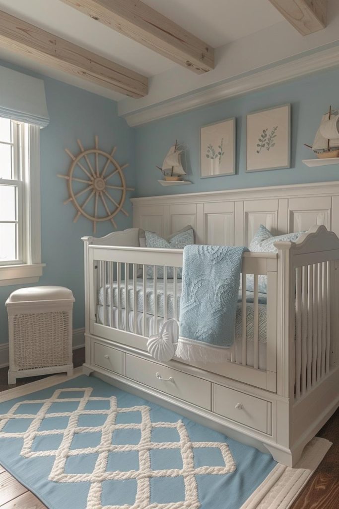 Soft sandy tones and pale blues create a calm seaside backdrop, while shell motifs and a ship's wheel decorate the walls of the children's room.