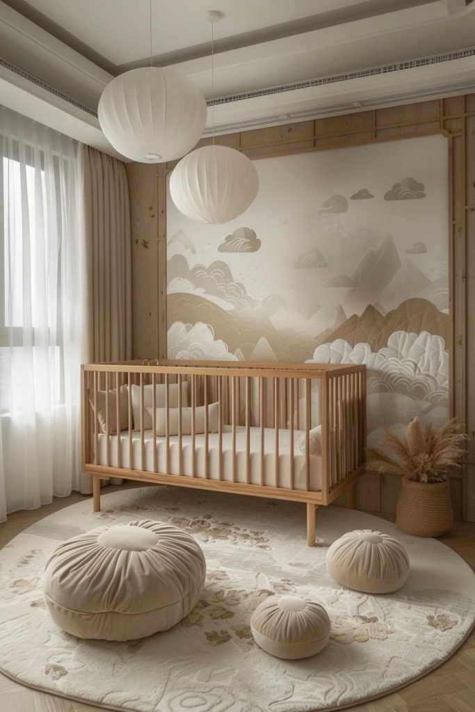 Clouds gently floating on the walls and airy, light fabrics create a calm space in which your baby can drift blissfully into dreams.