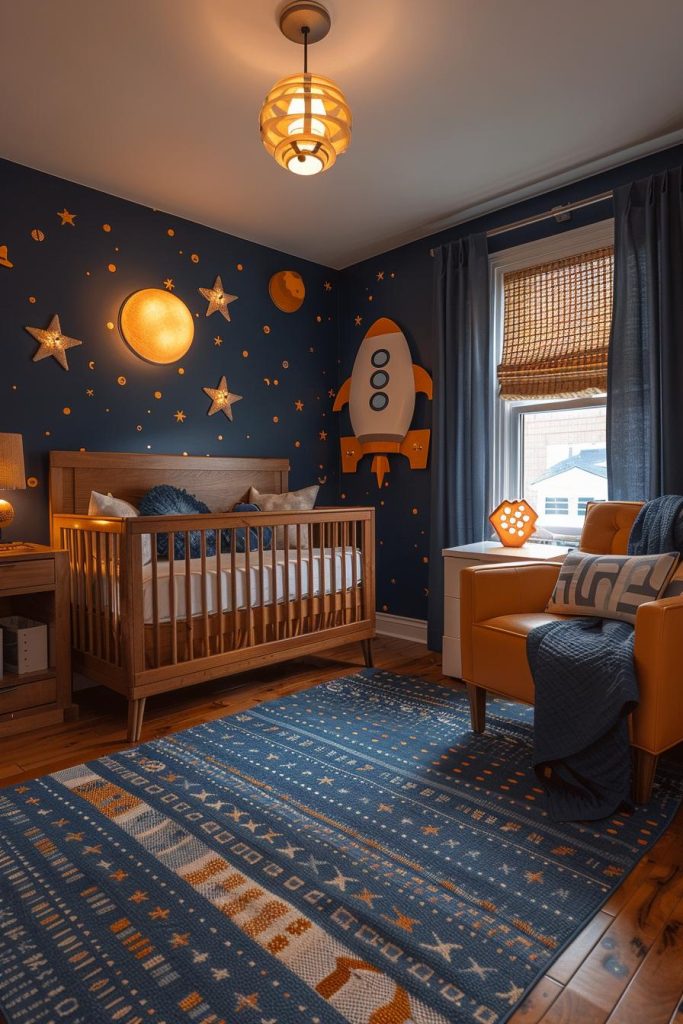 Fly into space with this rocket theme, complete with star motifs and galactic blues surrounding a spaceship-shaped crib.