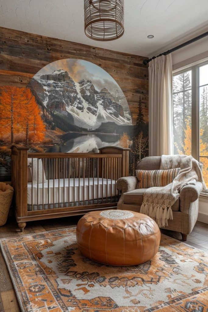 Majestic mountain murals paired with wooden-style furniture evoke a grand adventure in the comfort of your home.