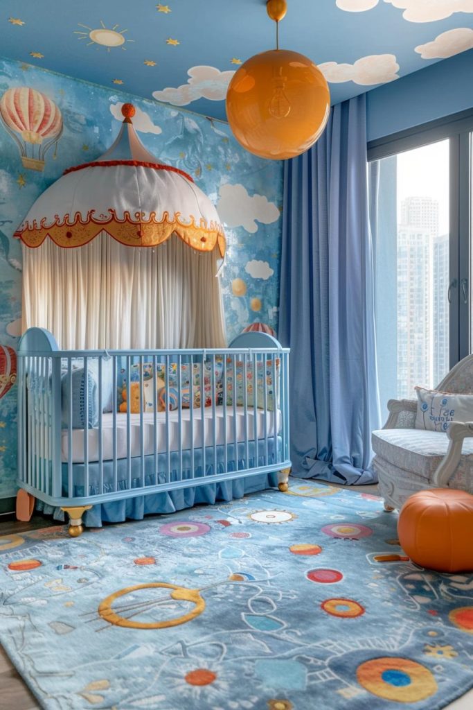 Bright colors and playful patterns transform this nursery into a lively carnival of joy and laughter that is sure to keep your little boy entertained.