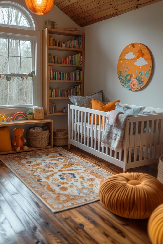 Classic nursery rhymes and storybook characters come to life on the shelves of this literary-themed nursery.