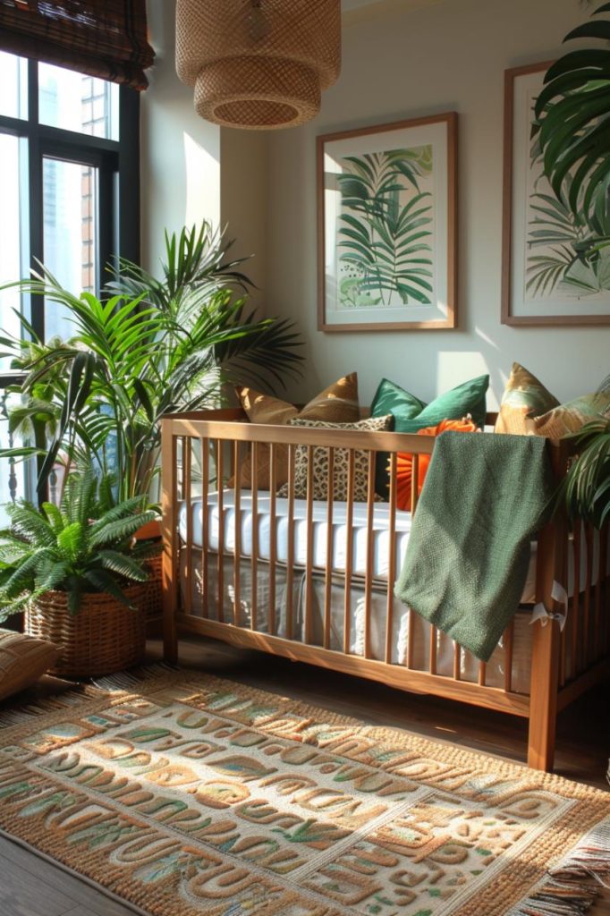 Lush prints and rich greens welcome a baby into their very own rainforest, complete with rainforest decor.