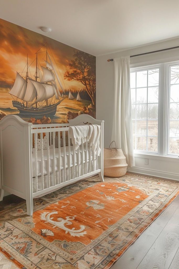 Amber colors and sailing ships create the perfect setting for a sunset journey on waves of sleep and imagination.