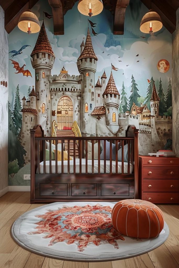 Fabulous fairy tales create a unique nursery theme for boys. In this room, castles and dragons tell legendary stories in this medieval nursery fit for a future hero.