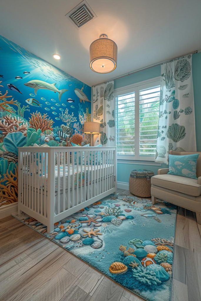 The ocean theme is lovely nursery ideas for boys. In this room, aquatic life and coral reef decals create a refreshing oceanic oasis in a boy's marine-themed nursery.