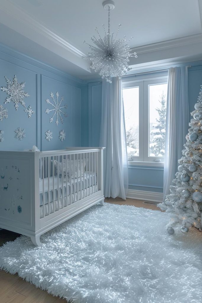 Icy blue tones and silver accents create a fresh, frosty fantasy for a dreamy winter nursery for your little snowman.