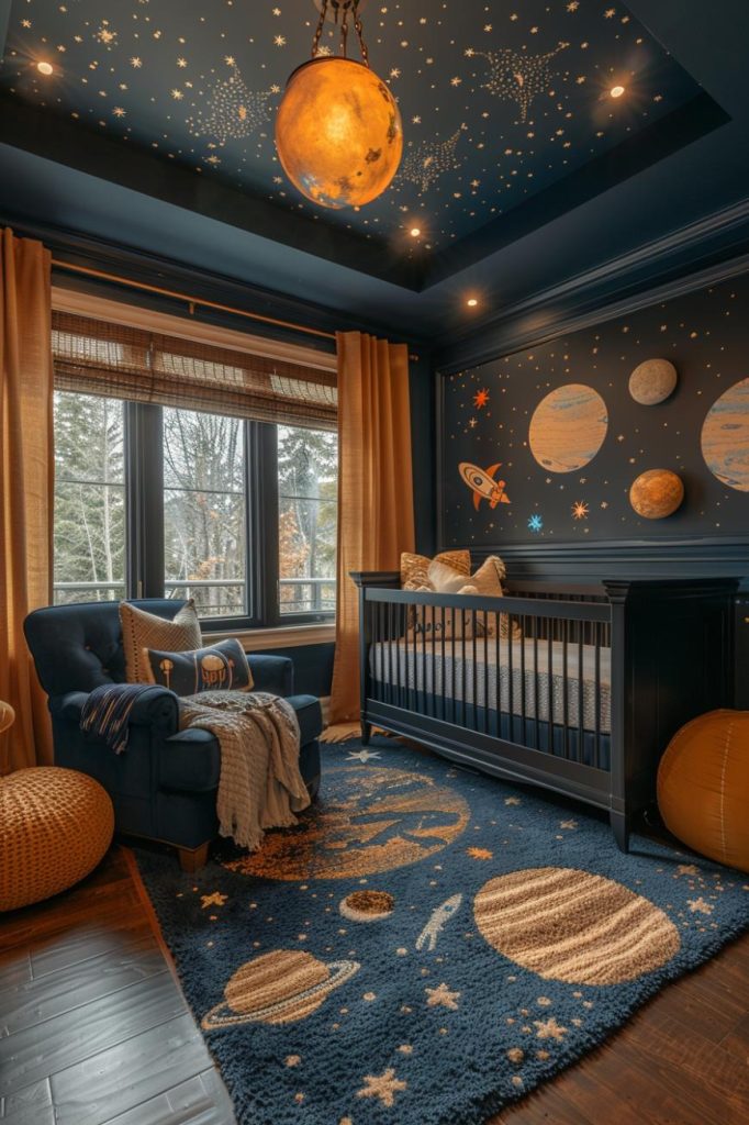 In this interstellar nursery, planets and astronaut stickers orbit a dark, starry accent wall.