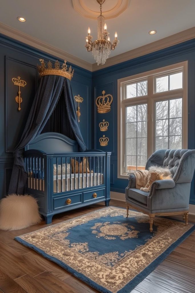 Create a room that suits your little prince, like this nursery with royal blue colors and crown motifs that create a regal realm for a newborn noble.